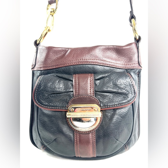 B Makowsky Black Leather Small Shoulder Crossbody Bag Brown Accents Push Lock - Picture 3 of 10